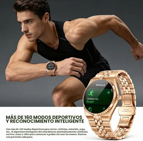 Vista 6 de Reloj inteligente de lujo para negocios, pantalla AMOLED HD de 1.32 pulgadas, llamadas Bluetooth 5.4, correa de acero inoxidable, más de 160 modos