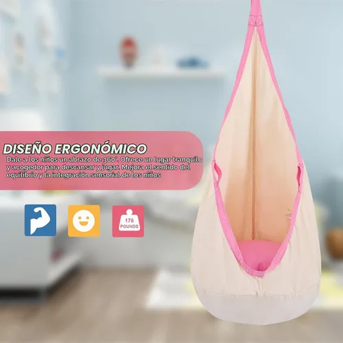 Vista 4 de YAERSI Silla de hamaca infantil de algodón con cojín inflable de PVC para uso en interiores y exteriores Beige