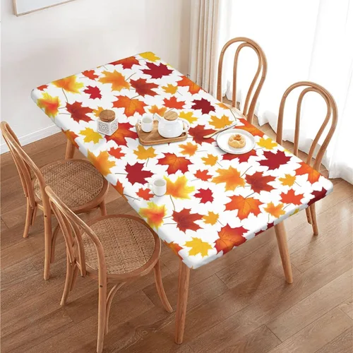 Vista 30 de Fiokroo Mantel de hojas de arce otoñales con borde elástico, mantel redondo de Acción de Gracias hoja de otoño lavable reutilizable cubierta de mesa