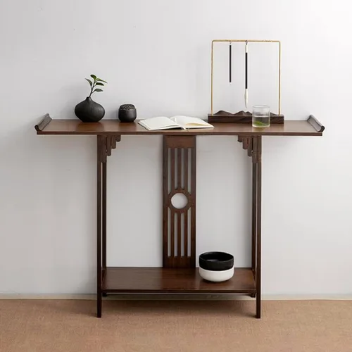 Vista 4 de Gdrasuya10 Mesa de sofá consola de bambú de nogal de 40 pulgadas, mesa de sofá vintage, mesa de consola estrecha y larga, estilo japonés, mesa