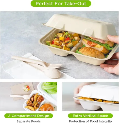 Vista 4 de KARAT EARTH Clamshell - Recipientes de alimentos para llevar [9 x 9 pulgadas, 200 unidades] 3 compartimentos Contenedores compostables