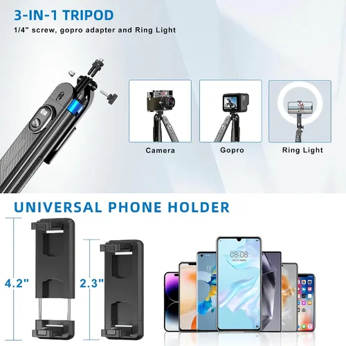 Vista 2 de Selfie Stick - Trípode para teléfono celular 71 con control remoto, adaptador de rosca de tornillo de 1/4 pulgadas, trípode de viaje para grabación