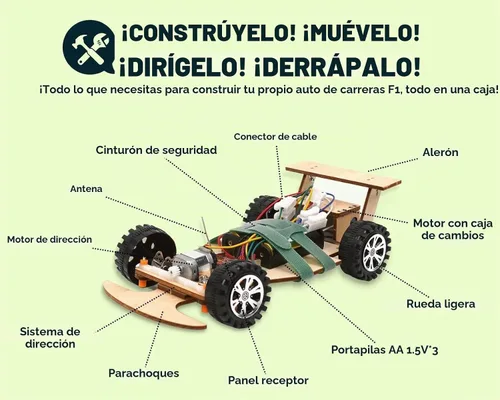Vista 2 de Kit de ciencia de madera con control remoto inalámbrico R/C de carreras F1 para construir (paquete de carreras de 2), kit de proyecto científico