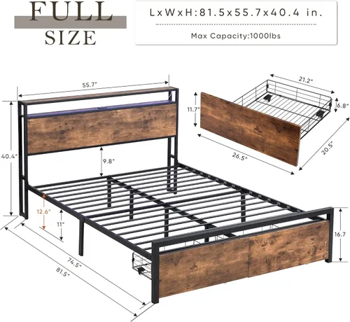 Vista 2 de Base de cama industrial tamaño matrimonial con cabecero, marcos de cama marrón rústico con luces LED y estación de carga, marco de cama