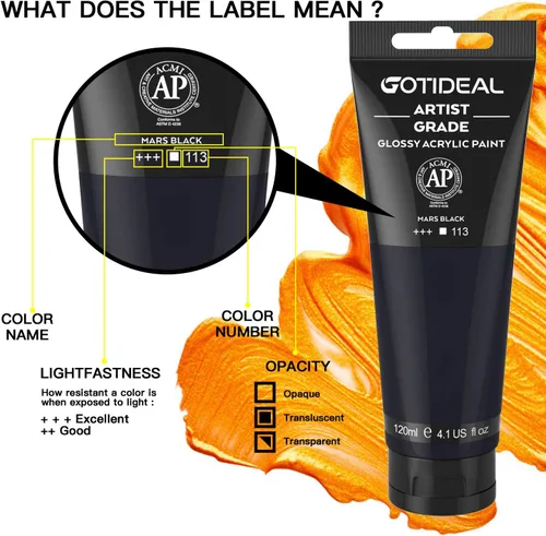 Vista 2 de GOTIDEAL - Pintura acrílica en tubos negro Marte (120ml, 4.1 oz), no tóxica, no se desvanece, pigmentos ricos para pintores, adultos y niños, ideal