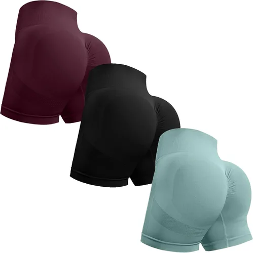 Vista 23 de Ovesport 3 piezas de pantalones cortos de entrenamiento para mujer, sin costuras, con levantamiento de glúteos, cintura alta, para yoga, gimnasio