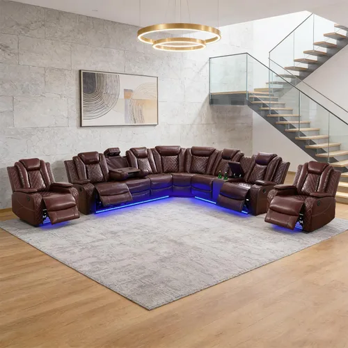Vista 27 de Juego de sofá modular reclinable eléctrico para sala de estar, juego de sofá reclinable de cuero con luces LED / almacenamiento oculto, sofá