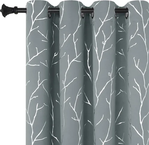 Vista 23 de BUHUA Cortinas pequeñas para ventana de 36 pulgadas de largo, 2 paneles, cortinas opacas con elegantes ramas de árbol plateadas, cortinas de bloqueo