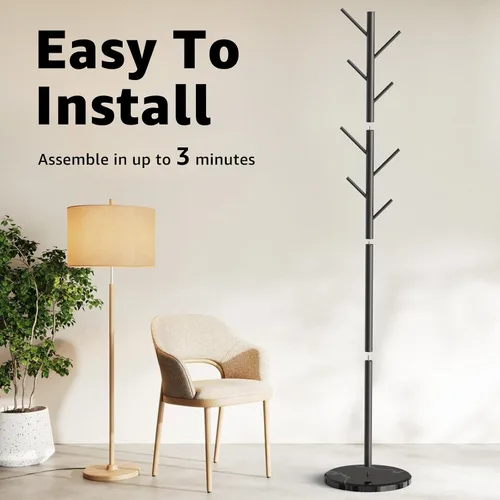 Vista 7 de HzTinT Perchero de abrigos con base de mármol natural, perchero independiente de metal con 8 ganchos, árbol de abrigos resistente de 3 tamaños