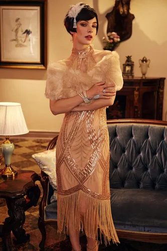 Vista 2 de BABEYOND Vestido de flapper de los años 20 Vestidos largos con flecos Oro rosado