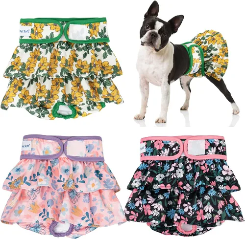 Vista 12 de Pet Soft Pañales para perras – Paquete de 3 pañales lavables estilo vestido para perras hembras en celo – Bragas reutilizables para perrito, pañal