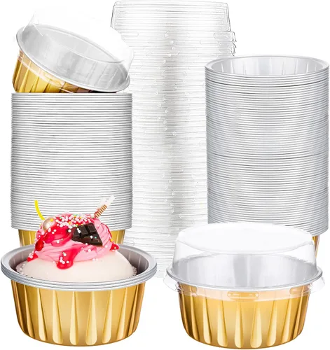 Vista 25 de Paquete de 200 forros de aluminio para cupcakes con tapas, color negro, liso 5 oz Round Baking Cup, Disposable Ramekin Container, Wedding