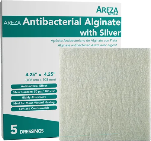 Vista 9 de Areza Silver - Almohadillas antibacterianas de alginato de calcio para heridas, estériles, antiadherentes, altamente absorbentes; para drenaje