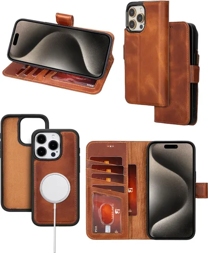 Vista 13 de Bayelon Funda tipo cartera para iPhone 15 Pro, cartera de cuero de grano completo, funda magnética desmontable, tarjetero, funda tipo cartera