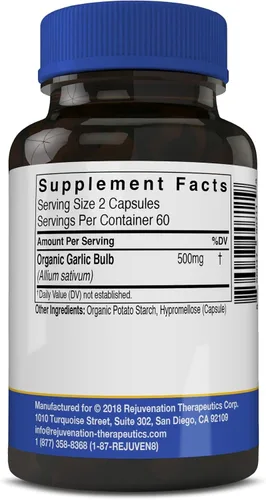 Vista 2 de Rejuvenation Therapeutics Ajo orgánico puro – Salud del corazón y apoyo del sistema inmunológico (120 cápsulas veganas)