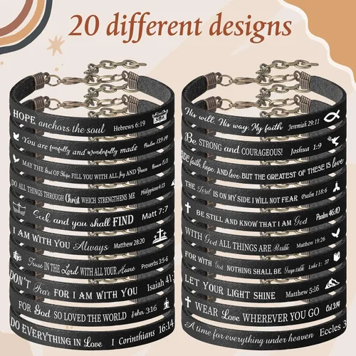 Vista 3 de Jeyiour 40 pulseras de versículo bíblico a granel, pulseras de cuero cristiano a granel, pulseras de citas de las Escrituras de la fe de Dios