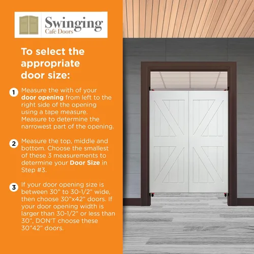 Vista 4 de Swinging Cafe Doors Puertas de salón estilo granero imprimadas Madera maciza de 3/4 pulgadas de grosor con soporte británico, herrajes de cromo