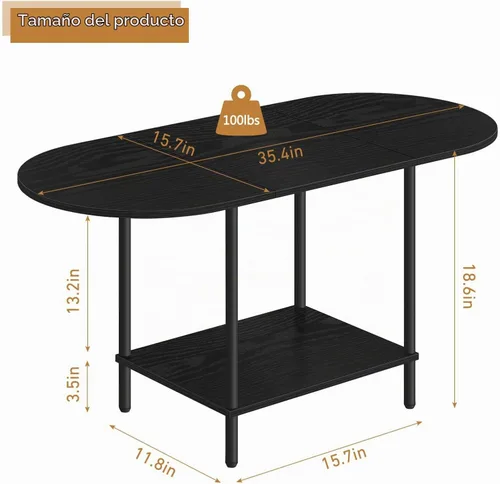 Vista 2 de OYEAL Mesa de Café Negra para Sala de Estar, Mesa Central Pequeña de 2 Niveles Ovalada, Mesa de Té Redonda de Granja de Media Siglo con Estante