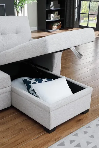 Vista 9 de Moderno sofá modular convertible con diván de almacenamiento reversible, sofá cama extraíble de lino tapizado de 84 pulgadas, sofá esquinero