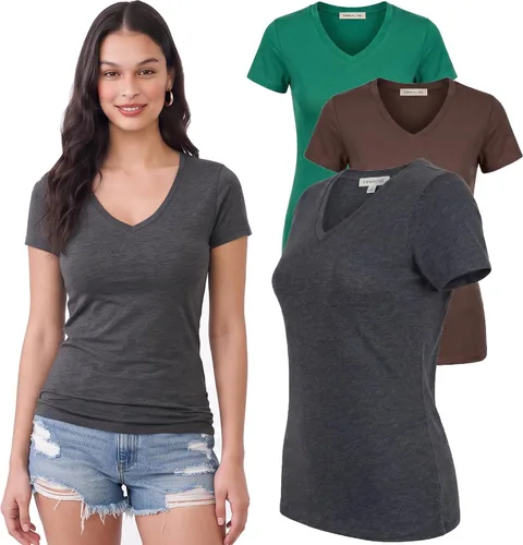Vista 142 de Emmalise Camiseta de manga corta para mujer, cuello en V, tallas junior y plus