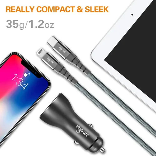 Vista 4 de PD Fast Charging Car Charger with MFi Certified USB C Lightning Cable Carplay Cord 3.3ft, VOLPORT Auto Quick Adapter 39W Car Charger Power Delivery