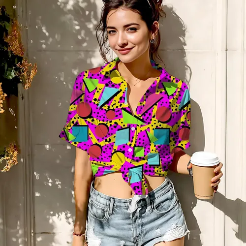 Vista 4 de HUGLAZY Traje de los años 80 para mujer, camisa hawaiana de manga corta neón para fiesta, disfraz retro de los años 90, blusa