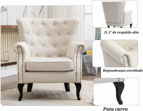 Vista 6 de Juego de 2 sillas decorativas modernas de mediados de siglo, sillón de tela de lino con respaldo acolchado/patas de madera, sillón de descanso