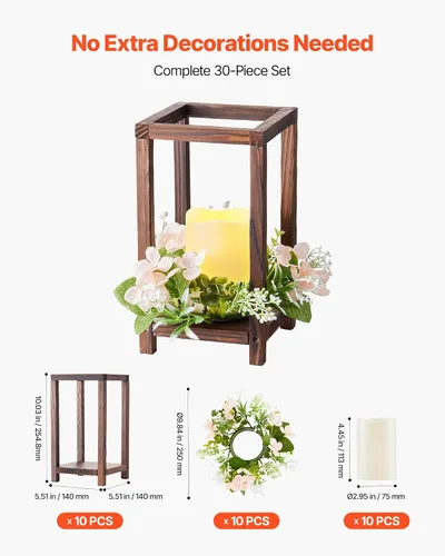 Vista 4 de VEVOR Juego de 10/30 piezas de centro de mesa de madera para boda, incluye 10 portavelas de madera, 10 velas LED sin llama, 10 coronas florales