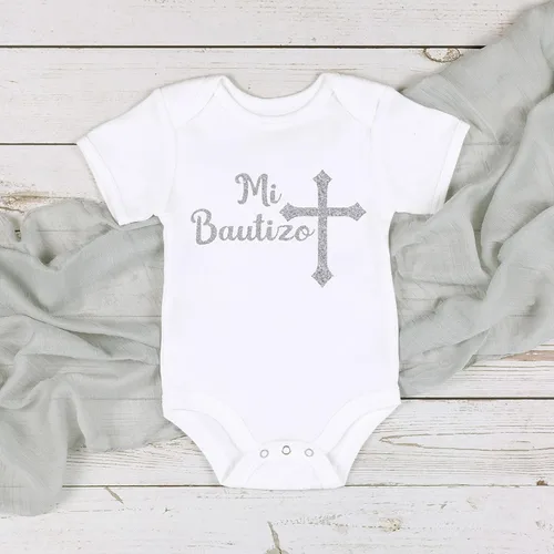 Vista 2 de Mi Bautizo Silver Glitter en Español Body de bautizo Regalo de bautismo Mono de bautismo para bebé