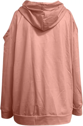 Vista 3 de Cold Shoulder Tops for Women 2023 Hooded Sweatshirt Casual Loose Drawstring Hoodies Pullover Solid Color Fall Clothes