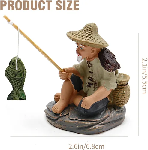 Vista 2 de 4 mini figuras de pescador, mini estatua de pescador para acuario, decoración zen asiática, figura de bonsái de pescador de resina en miniatura