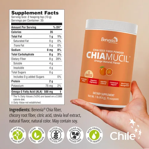 Vista 2 de Chiamucil Prebiótico Chia & Inulina Fibra en Polvo, Naranja, 35