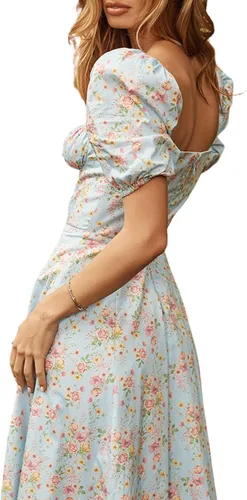 Vista 3 de Vestido de verano para mujer, estampado floral, hombros descubiertos, manga corta, dividido, para fiesta de playa, vestido bohemio