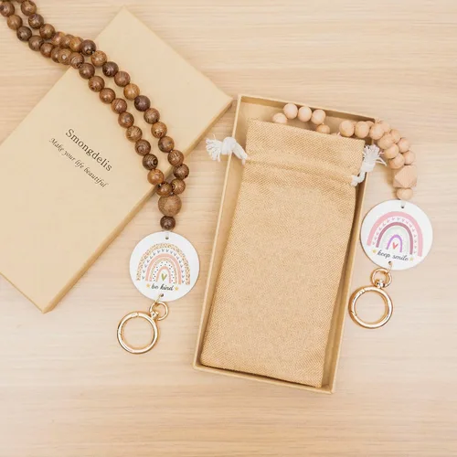 Vista 4 de Cordones de madera con cuentas arcoíris para tarjetero de identificación, cordón desmontable para profesores de salud mental, cordón para llaves