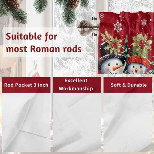 Vista 7 de Cenefa de muñeco de nieve de Navidad para ventanas de cocina, cenefas de invierno con bolsillo para barra, cortinas cortas, copos de nieve, bayas