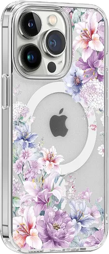 Vista 9 de Funda magnética transparente para iPhone 13 [compatible con cargador MagSafe] Gardenia patrón de estampado floral delgado antiarañazos para mujeres