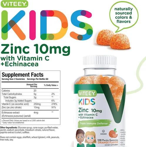 Vista 4 de Viteey Gomitas de zinc para niños de 10 mg, con vitamina C y equinácea, apoyo inmunológico, potente antioxidante natural, suplemento de vitamina