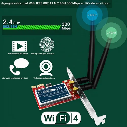 Vista 3 de Adaptador de red inalámbrico N 2.4GHz 300Mbps PCIE para Windows 11, 10, 8.1, 8, 7, XP (32/64bit), Windows Server y Linux PCs, tarjeta WiFi PCIE