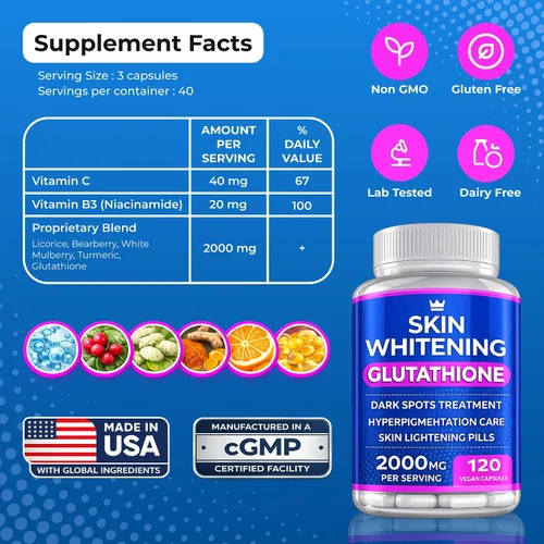 Vista 8 de Píldoras blanqueadoras de glutatión – 120 cápsulas de 2000 mg de glutatión – Suplemento eficaz para aclarar la piel – manchas oscuras, melasma