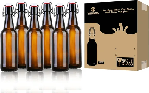 Vista 8 de YEBODA Botellas de cerveza de vidrio ámbar de 16 onzas para elaboración casera con tapas abatibles, caja de 6