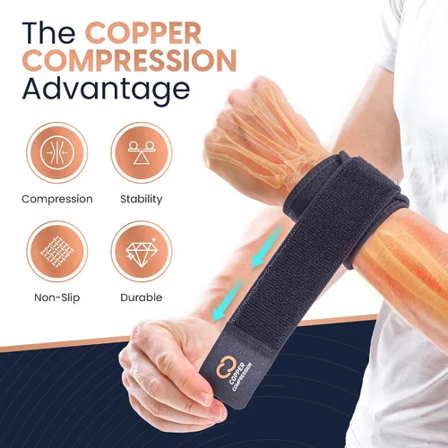 Vista 2 de Copper Compression Muñequeras (paquete de 2) – Soporte de muñeca ajustable con infusión de cobre para levantamiento de pesas, entrenamientos