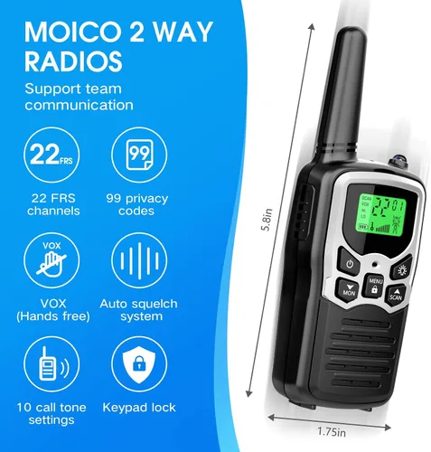Vista 2 de Walkie Talkies con 22 canales FRS, walkie talkies MOICO para adultos con linterna LED, pantalla LCD de escaneo VOX, radio familiar de largo alcance