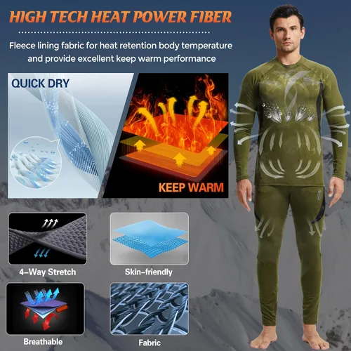 Vista 4 de romision Ropa interior térmica para hombre, conjunto de pantalones largos con forro polar, equipo de caza de invierno, capa base cálida, camiseta