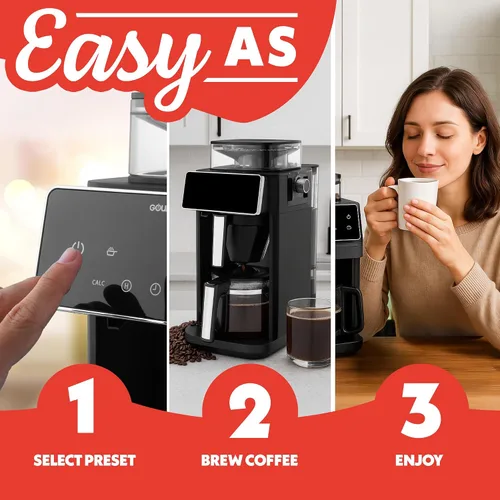 Vista 2 de Gourmia Cafetera de 10 tazas para moler y preparar - Molinillo de rebabas integrado, 3 fuerzas de preparación, pantalla digital programable, pausa