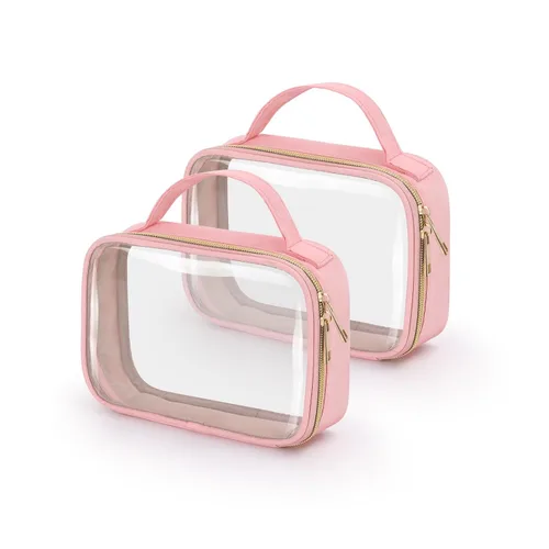 Vista 21 de Bolsa de aseo transparente Wedama, paquete de 2 bolsas de maquillaje transparentes con asas, bolsas cosméticas de PVC para mujeres y hombres, bolsas