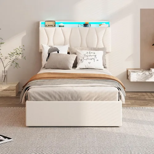 Vista 3 de Fameill Marco de Cama Twin con Almacenamiento Elevable, Cabecera Ajustable, Estación de Carga, Luces LED, Listones de Madera, Sin Ruido, No Requiere