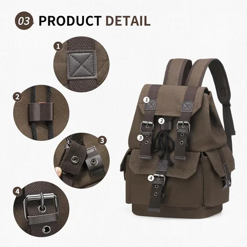 Vista 5 de Mochila de lona vintage para hombres y mujeres, mochila casual duradera, mochila de viaje adecuada para senderismo y uso diario, Café, Classic
