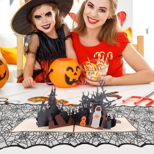 Vista 3 de Camino de mesa de telaraña de encaje negro, 2 piezas, 18 x 72 pulgadas, encaje de poliéster, perfecto para fiestas y reuniones de Halloween