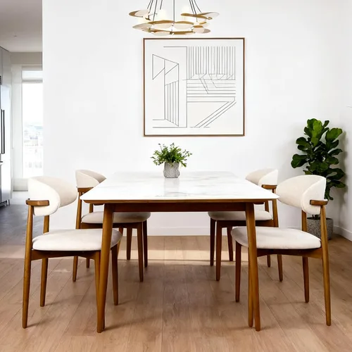 Vista 4 de Sillas de comedor tapizadas modernas, asiento de tela beige con patas de madera, sillas auxiliares de cocina contemporáneas, juego de 2