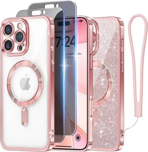 Vista 33 de Meifigno - Funda diseñada para el iPhone 16 Pro de 6.3", [Tarjeta de purpurina y correa para la muñeca] [Compatible con MagSafe]